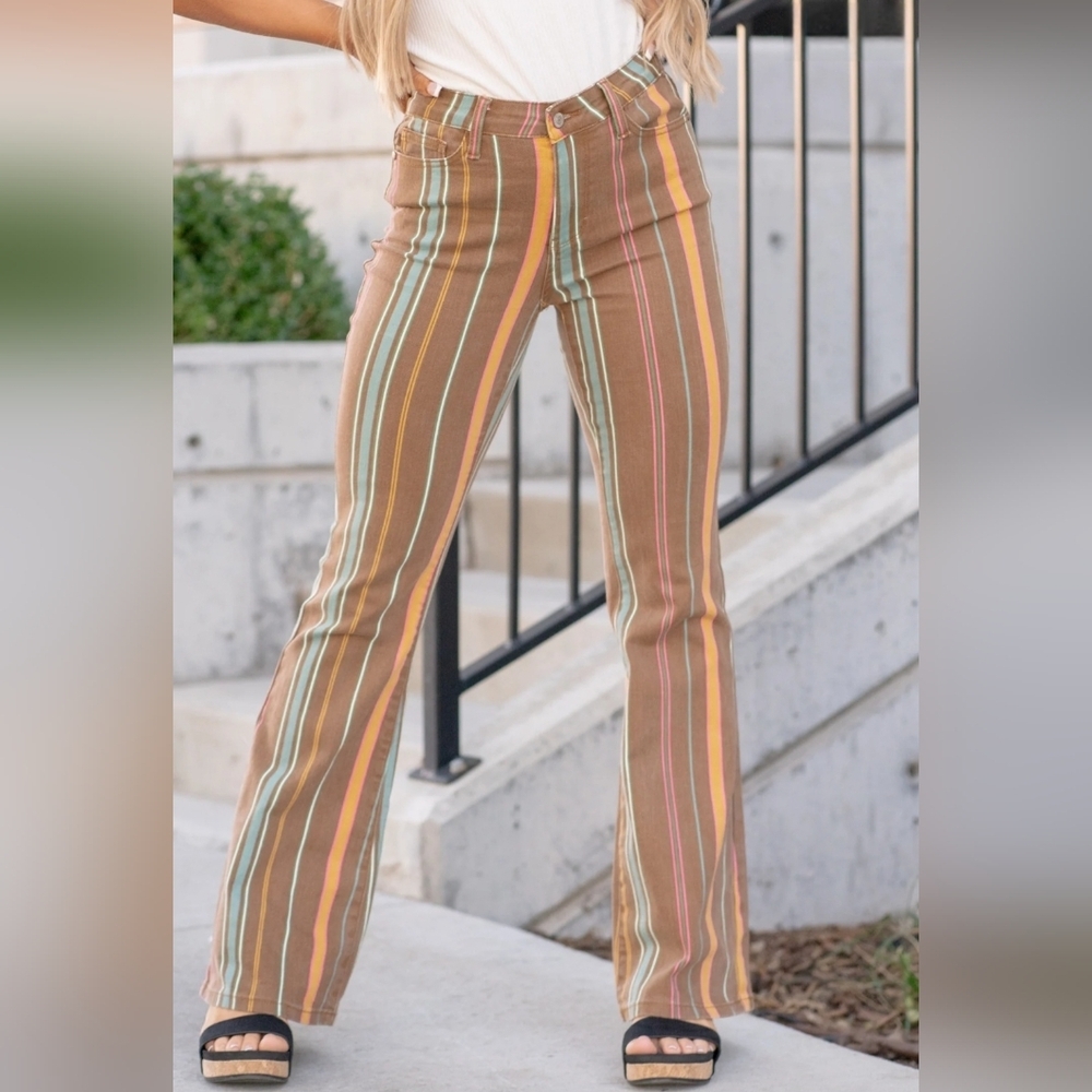 Judy Blue Mid Rise Classic Flare Jeans Retro Tan Blue Striped Stretch 1/25 - Picture 3 of 12